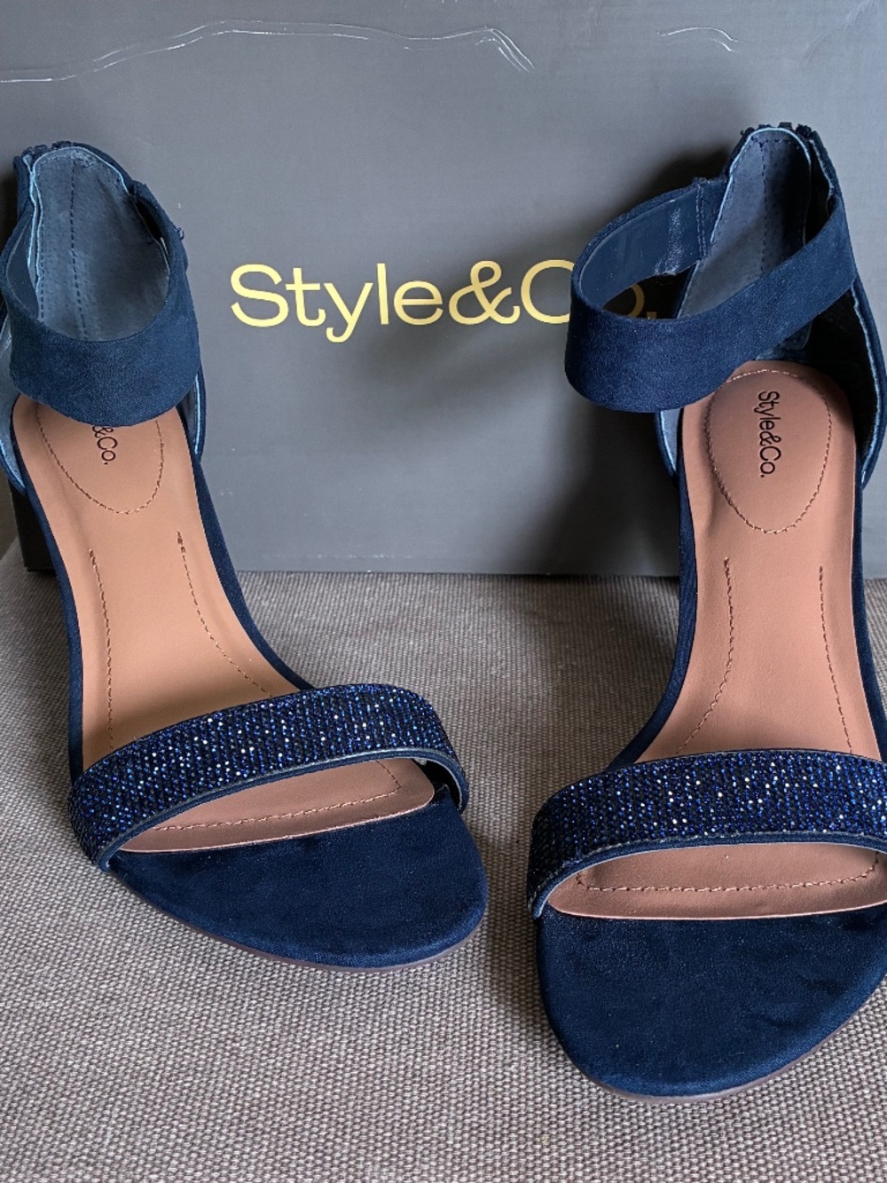 NWT Style & Co Womens 9.5M Phillyis Navy MC Suede Rhinestone 2Strap Ankle Heels